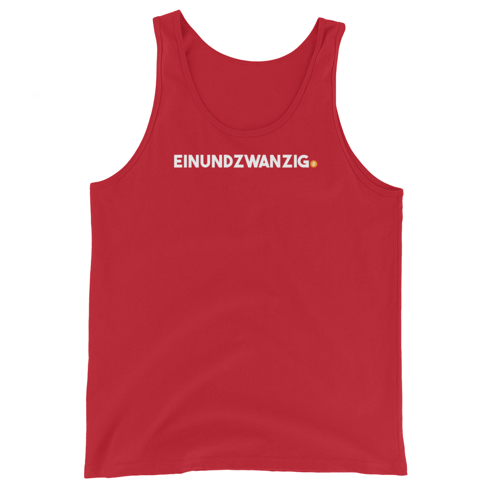 Front view of a red bitcoin tank top.