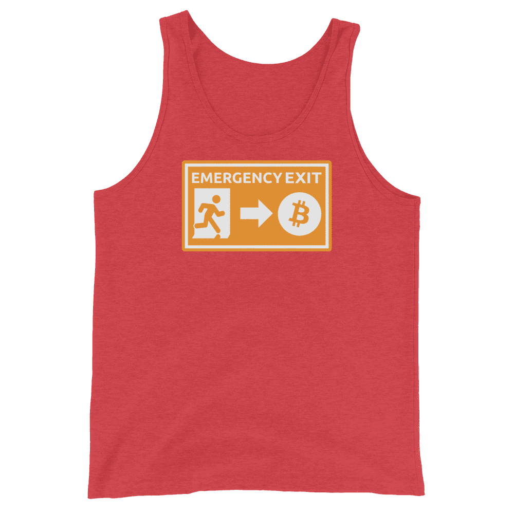 Front view of a red triblend bitcoin tank top.