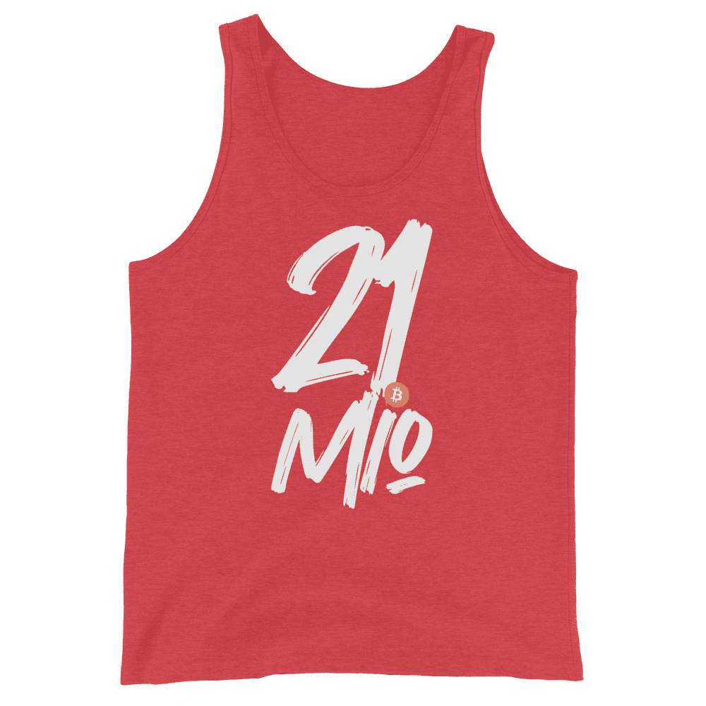 Front view of a red triblend bitcoin tank top.