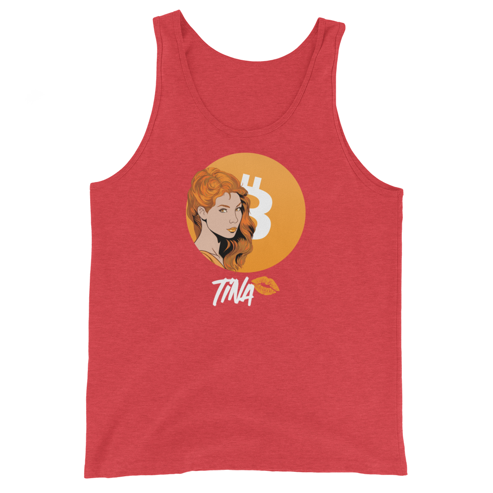 Front view of a red triblend bitcoin tank top.