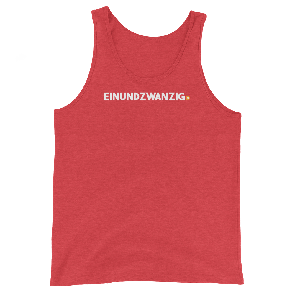 Front view of a red triblend bitcoin tank top.