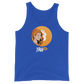 Front view of a royal blue bitcoin tank top.