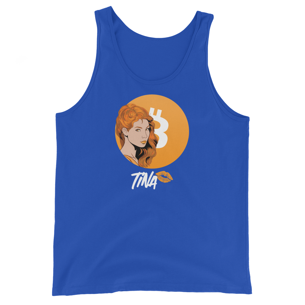 Front view of a royal blue bitcoin tank top.