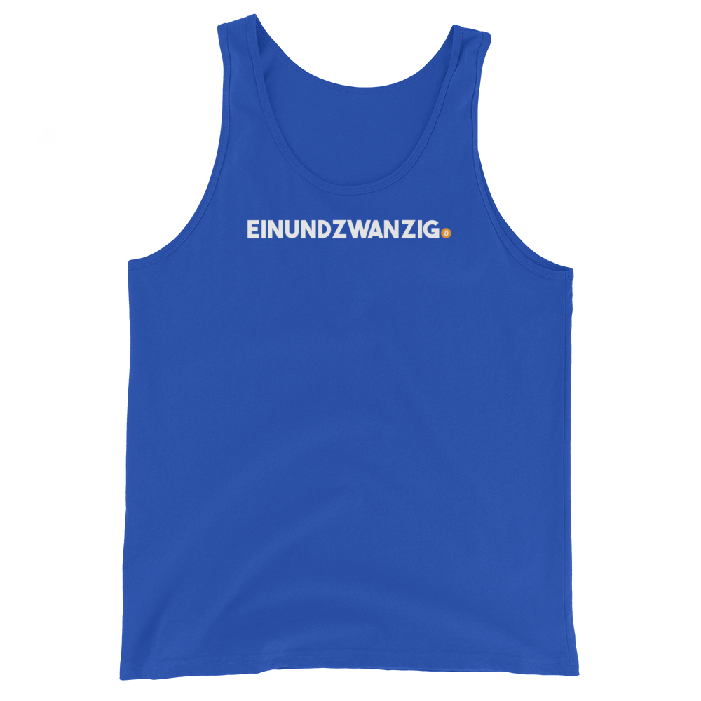 Front view of a royal blue bitcoin tank top.