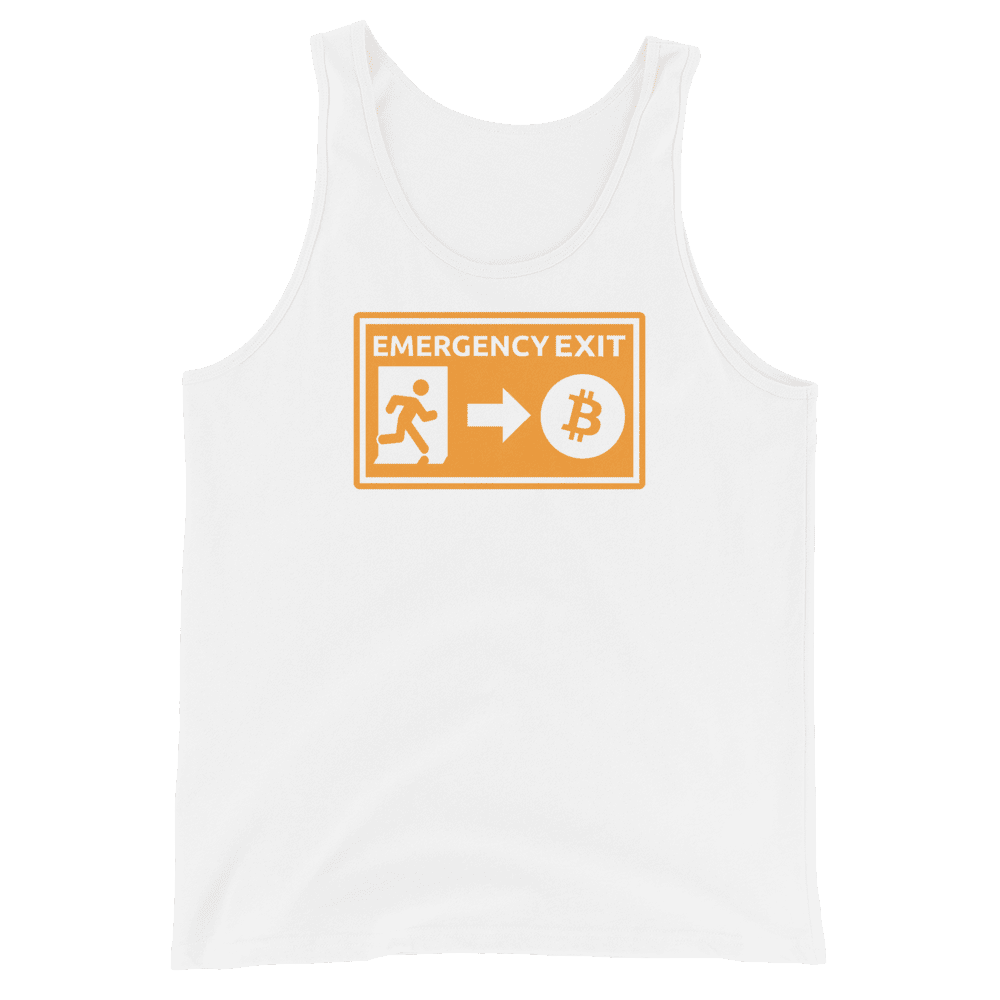 Front view of a white bitcoin tank top.