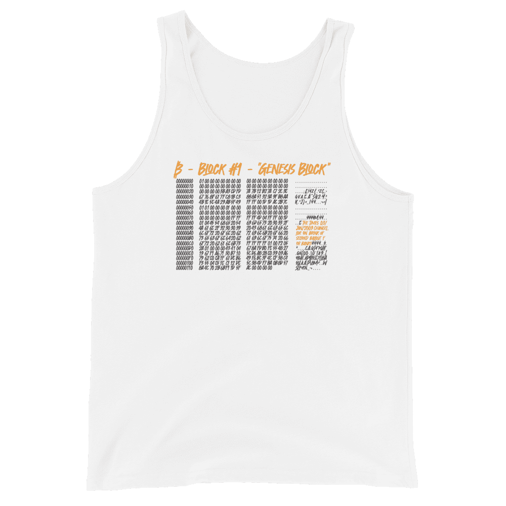 Front view of a white bitcoin tank top.