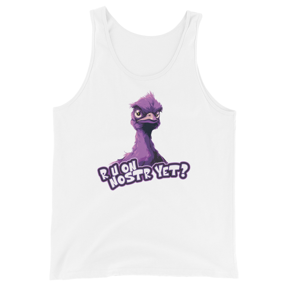 Front view of a white nostr tank top.