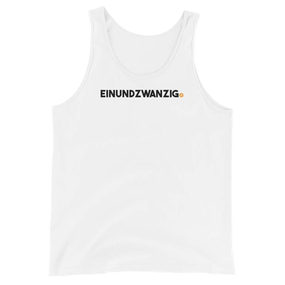 Front view of a white bitcoin tank top.