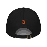 Back view of a black bitcoin dad hat.