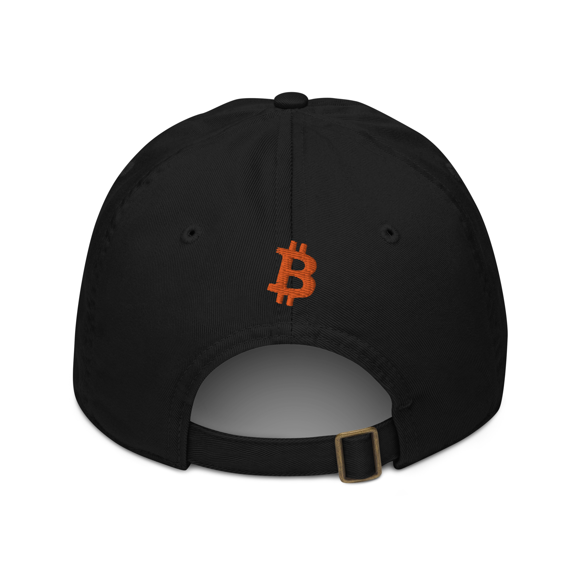 Back view of a black bitcoin dad hat.