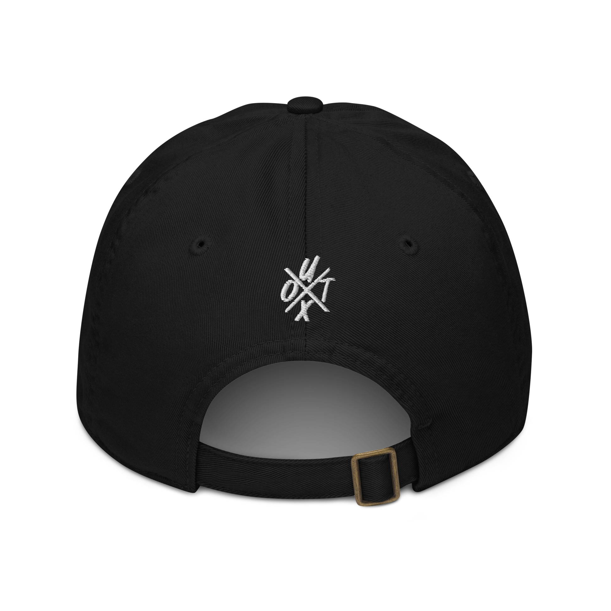 Back view of a black bitcoin dad hat.