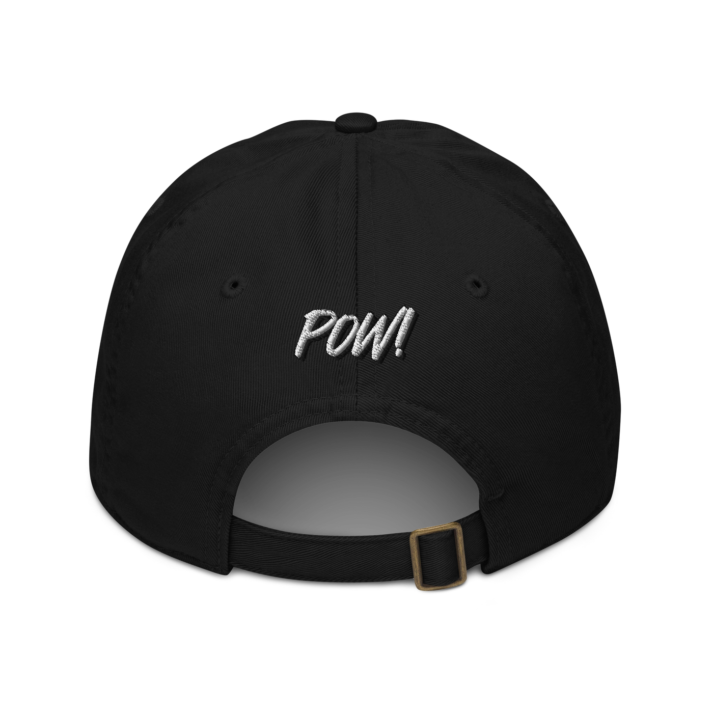 POW! organic bitcoin dad hat in Black, back view.