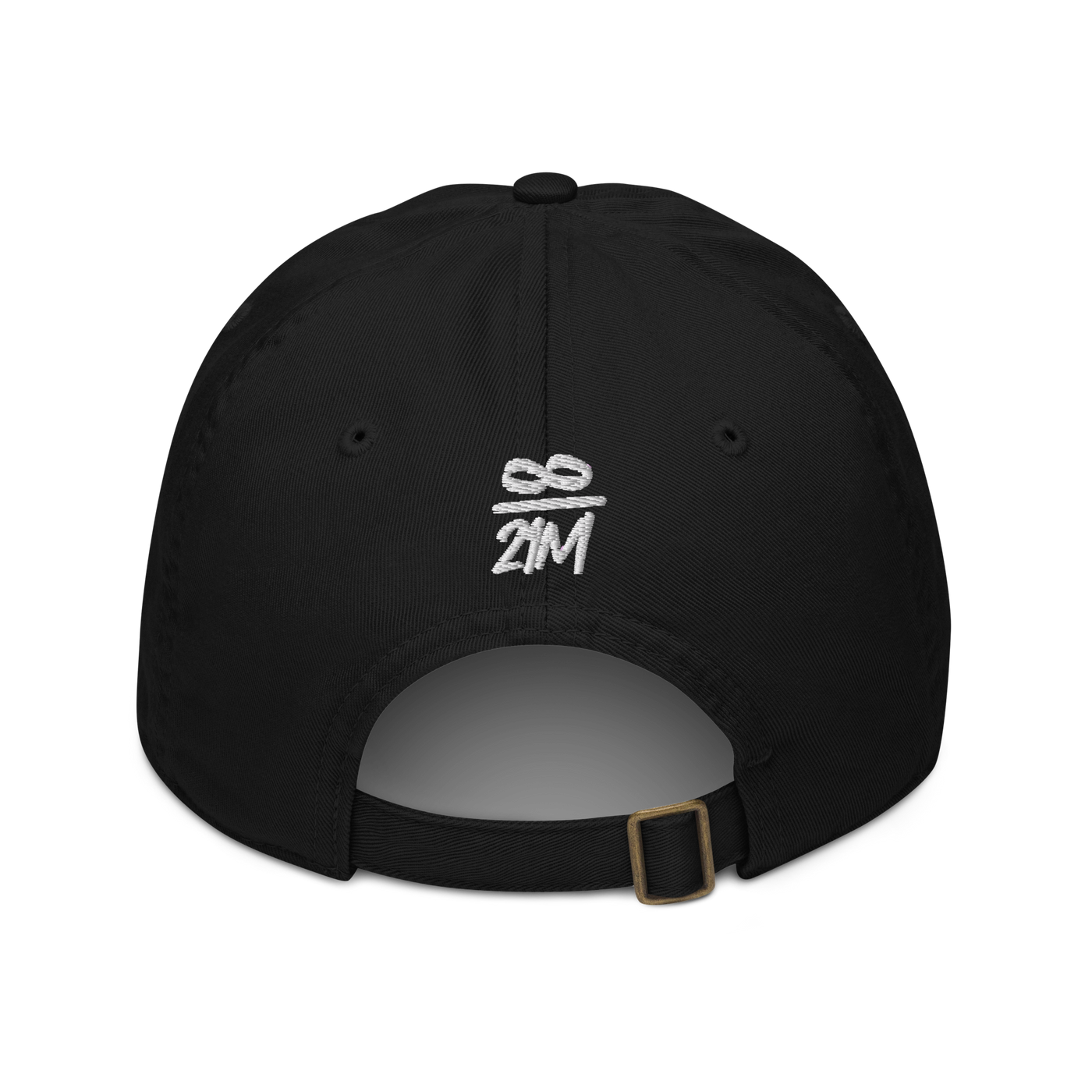Infinity / 21M organic bitcoin dad hat in Black, back view.