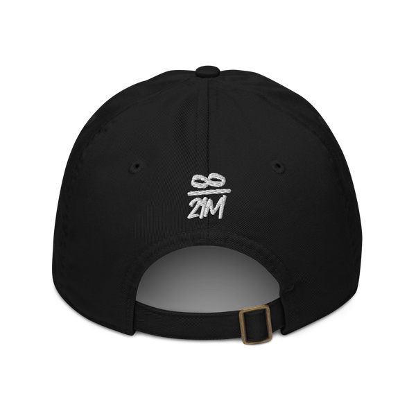 Infinity / 21M organic bitcoin dad hat in Black, back view.