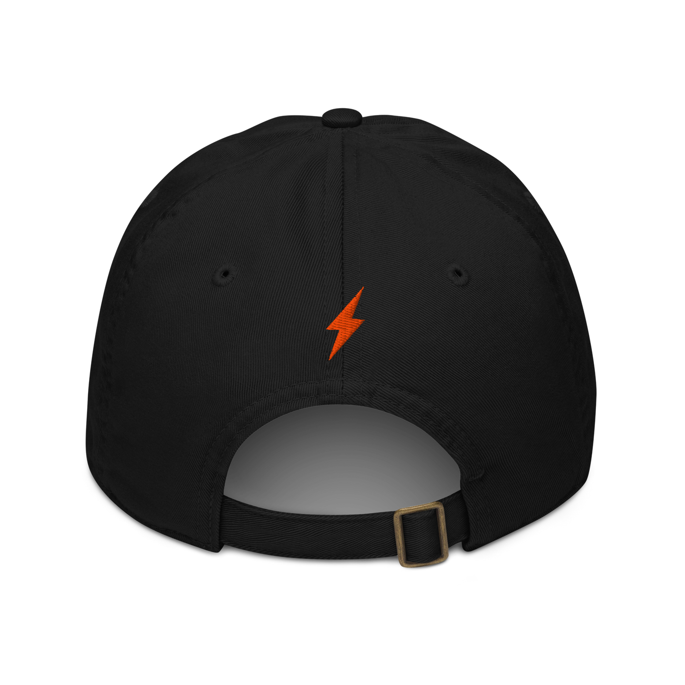 Lightning organic bitcoin dad hat in Black, back view.