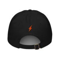 Lightning organic bitcoin dad hat in Black, back view.