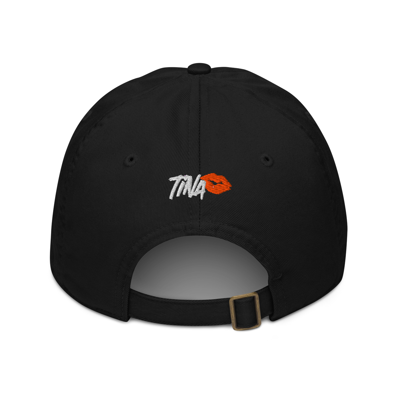TINA organic bitcoin dad hat in Black, back view.