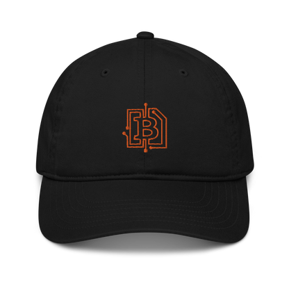 Front view of a black bitcoin dad hat.