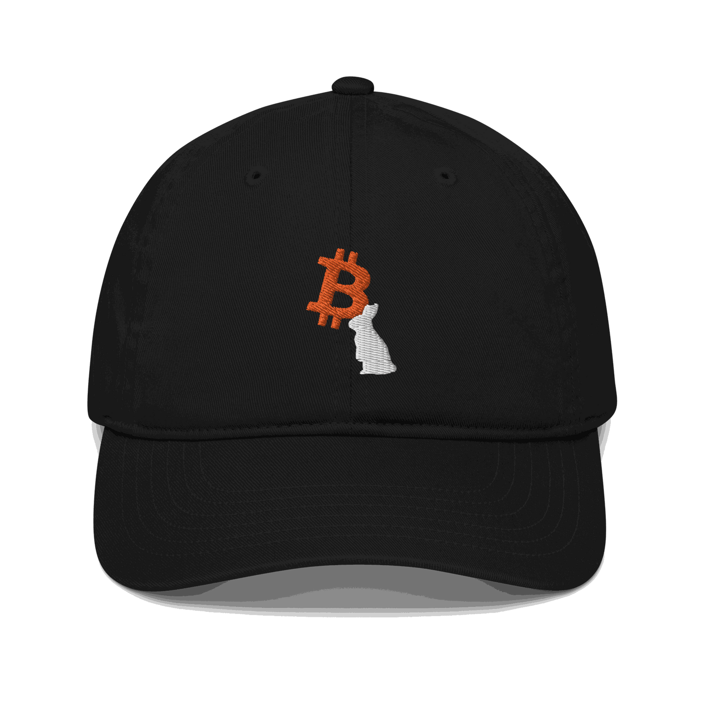 White Rabbit organic cotton Bitcoin dad hat with adjustable closure and sustainable design