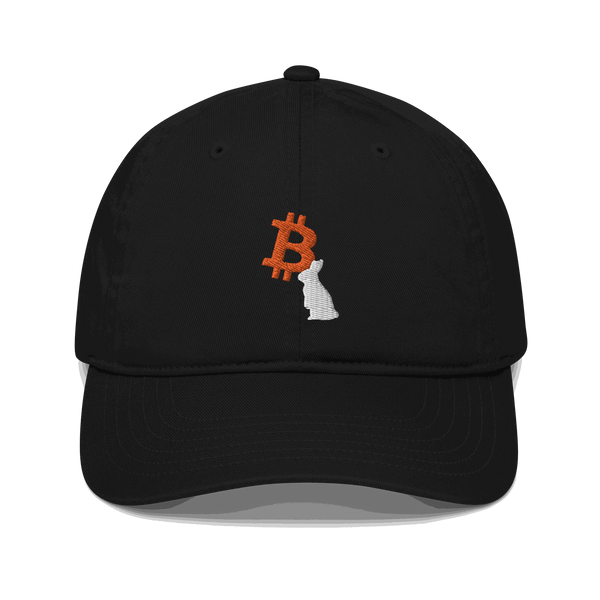 White Rabbit organic cotton Bitcoin dad hat with adjustable closure and sustainable design