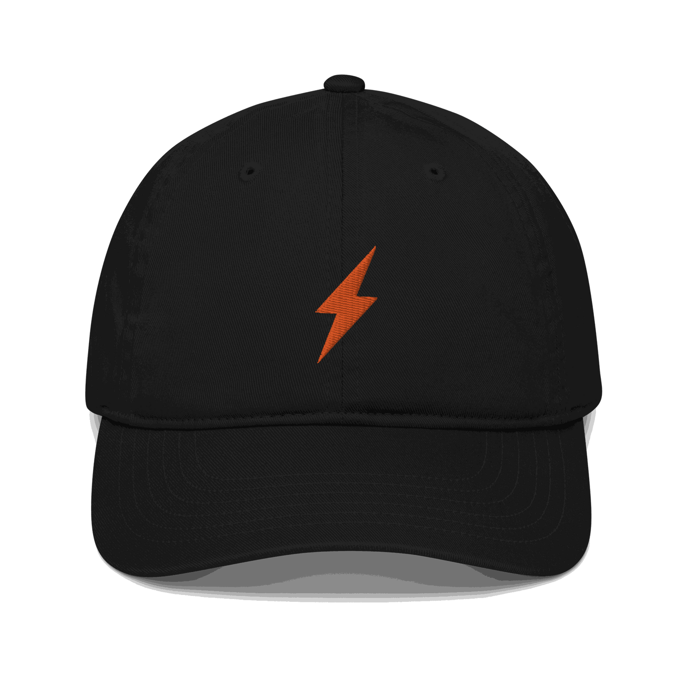 GOTS certified organic cotton Bitcoin dad hat featuring Lightning payment protocol design