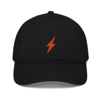 GOTS certified organic cotton Bitcoin dad hat featuring Lightning payment protocol design