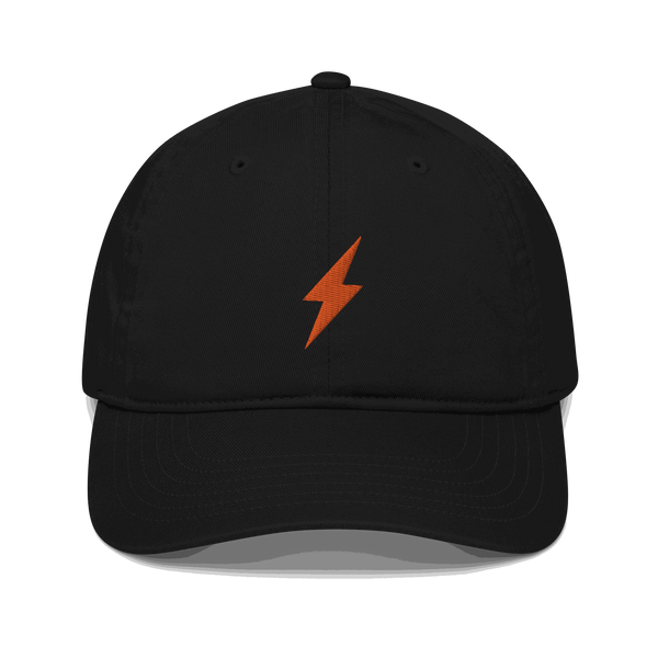 GOTS certified organic cotton Bitcoin dad hat featuring Lightning payment protocol design
