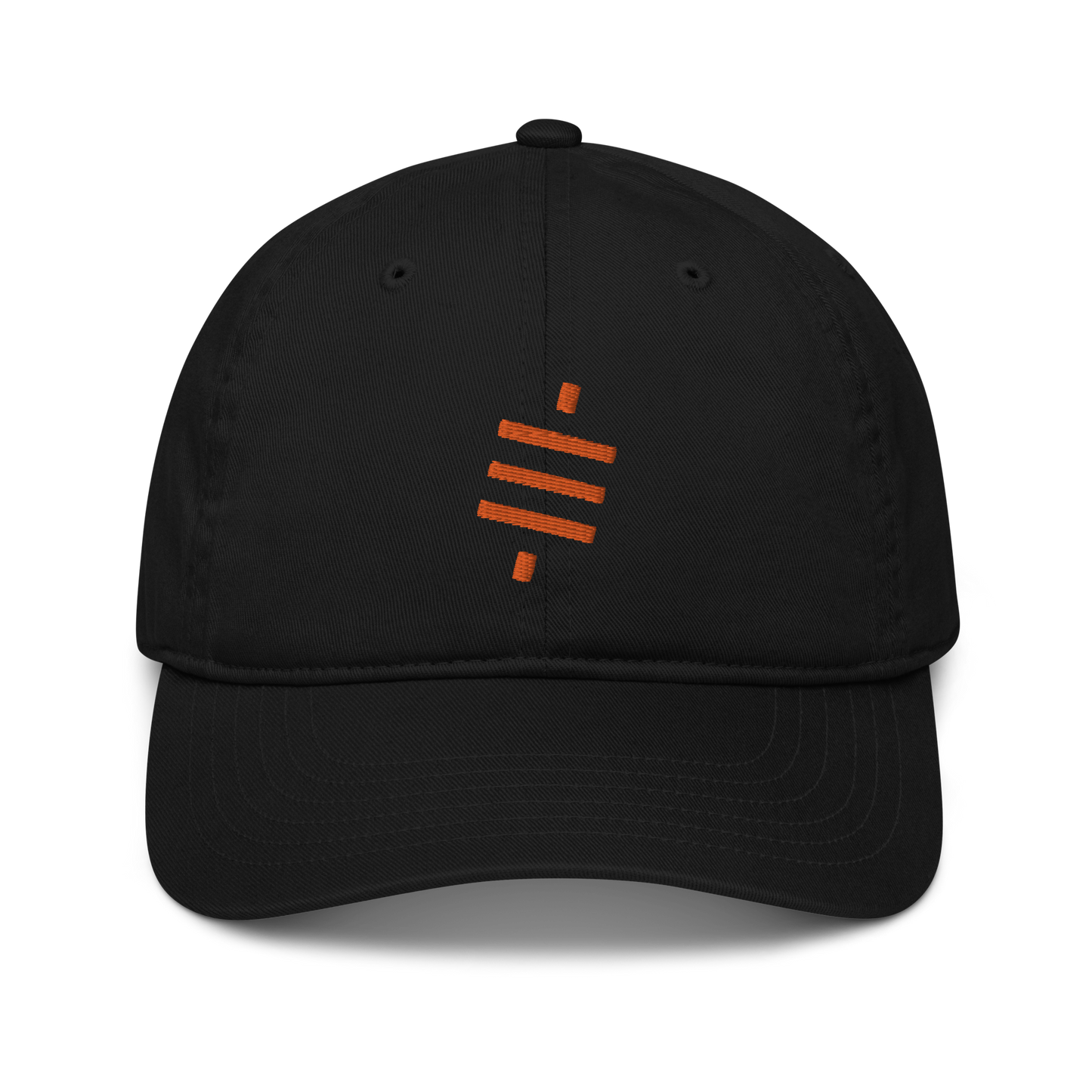 Front view of a black bitcoin dad hat.