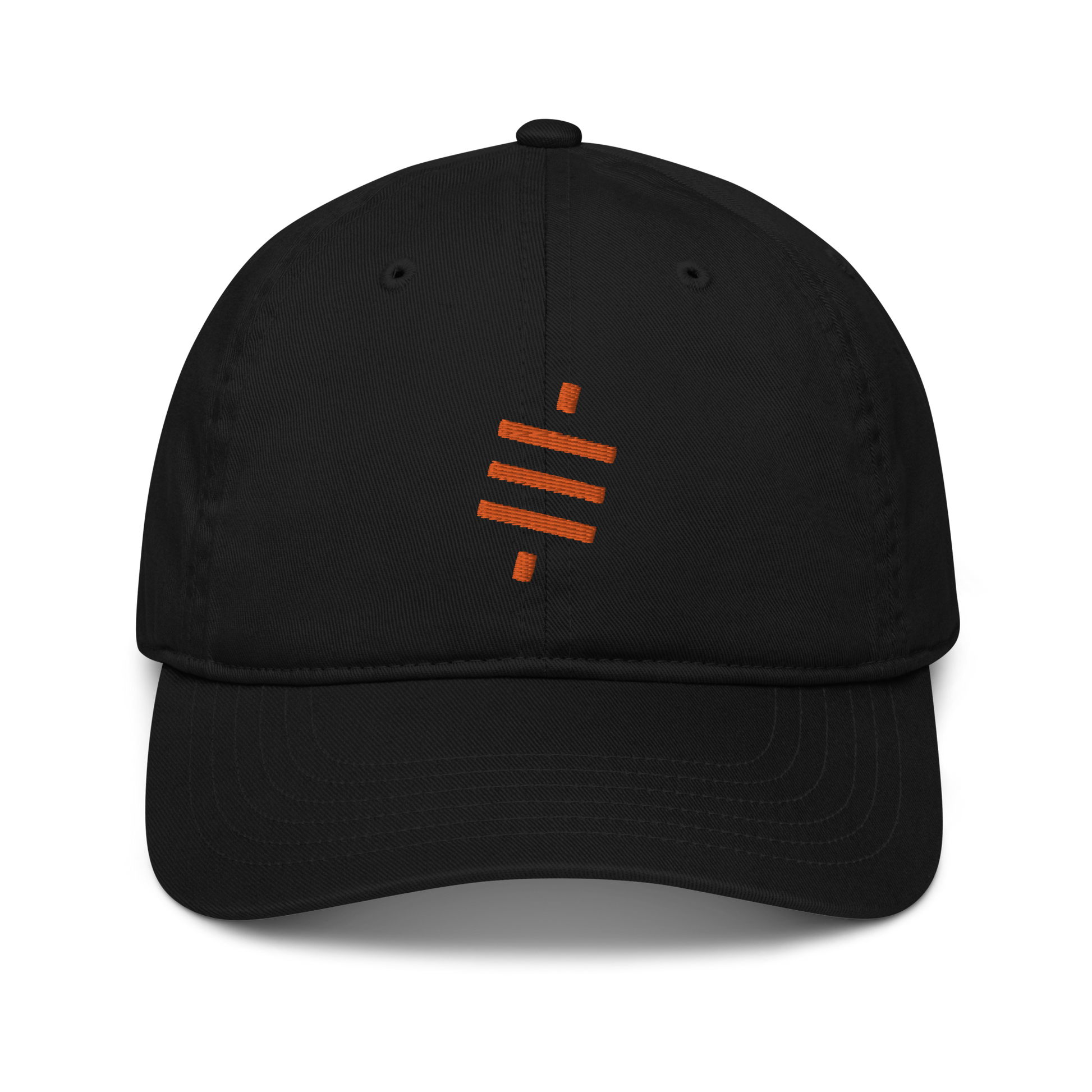 Front view of a black bitcoin dad hat.