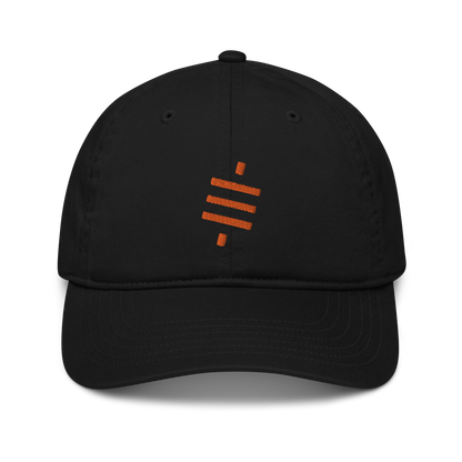 Front view of a black bitcoin dad hat.