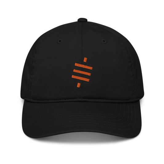 Front view of a black bitcoin dad hat.