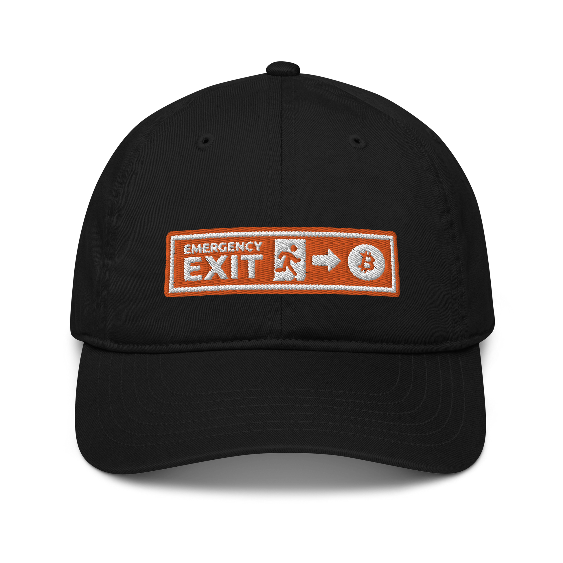 Front view of a black bitcoin dad hat.