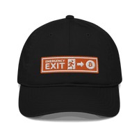 Organic cotton bitcoin dad hat symbolizing emergency exit from unfair system