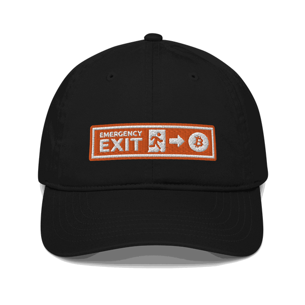 Organic cotton bitcoin dad hat symbolizing emergency exit from unfair system