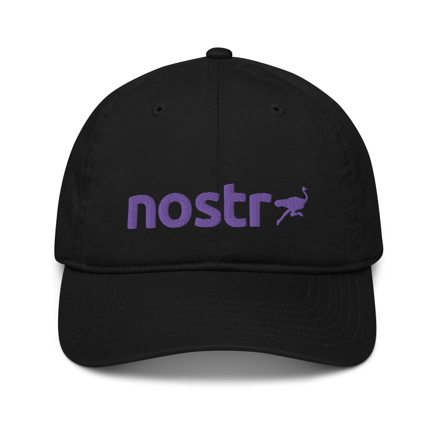 Front view of a black nostr dad hat.