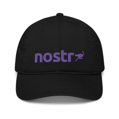 Front view of a black nostr dad hat.