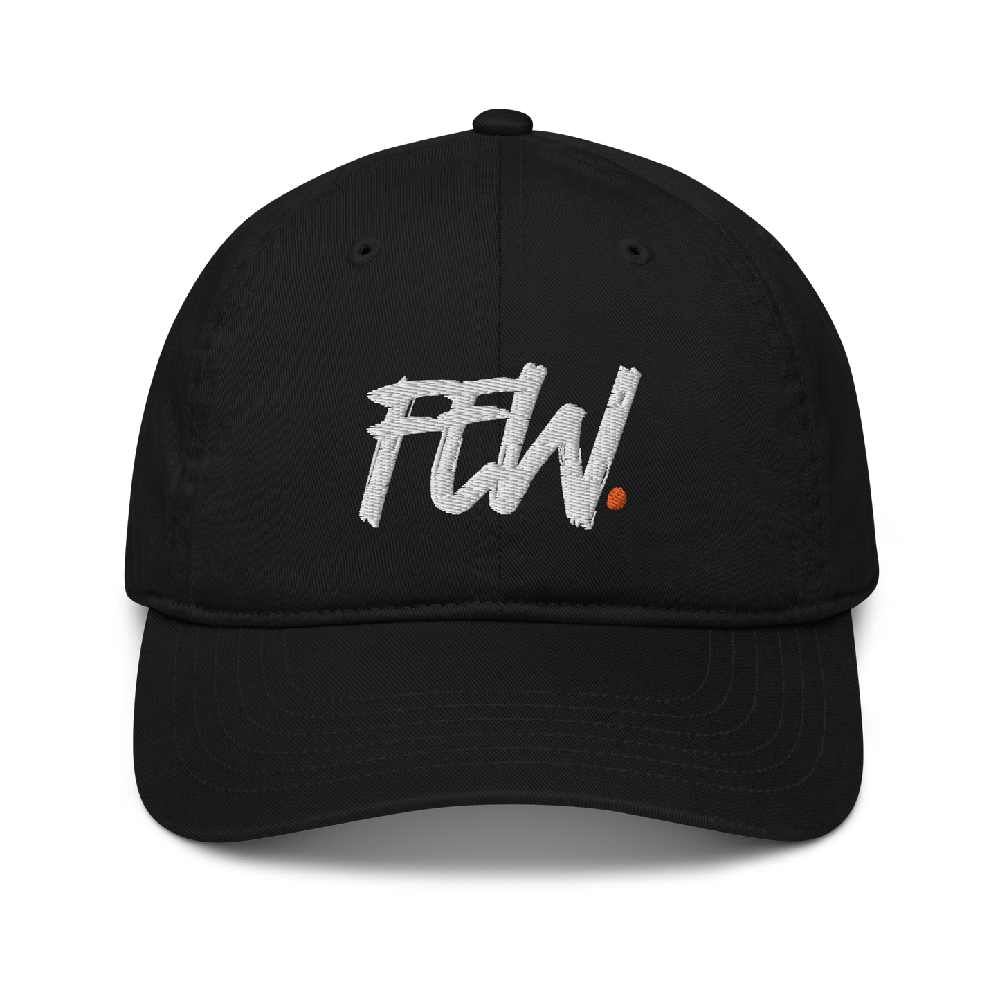 Front view of a black bitcoin dad hat.