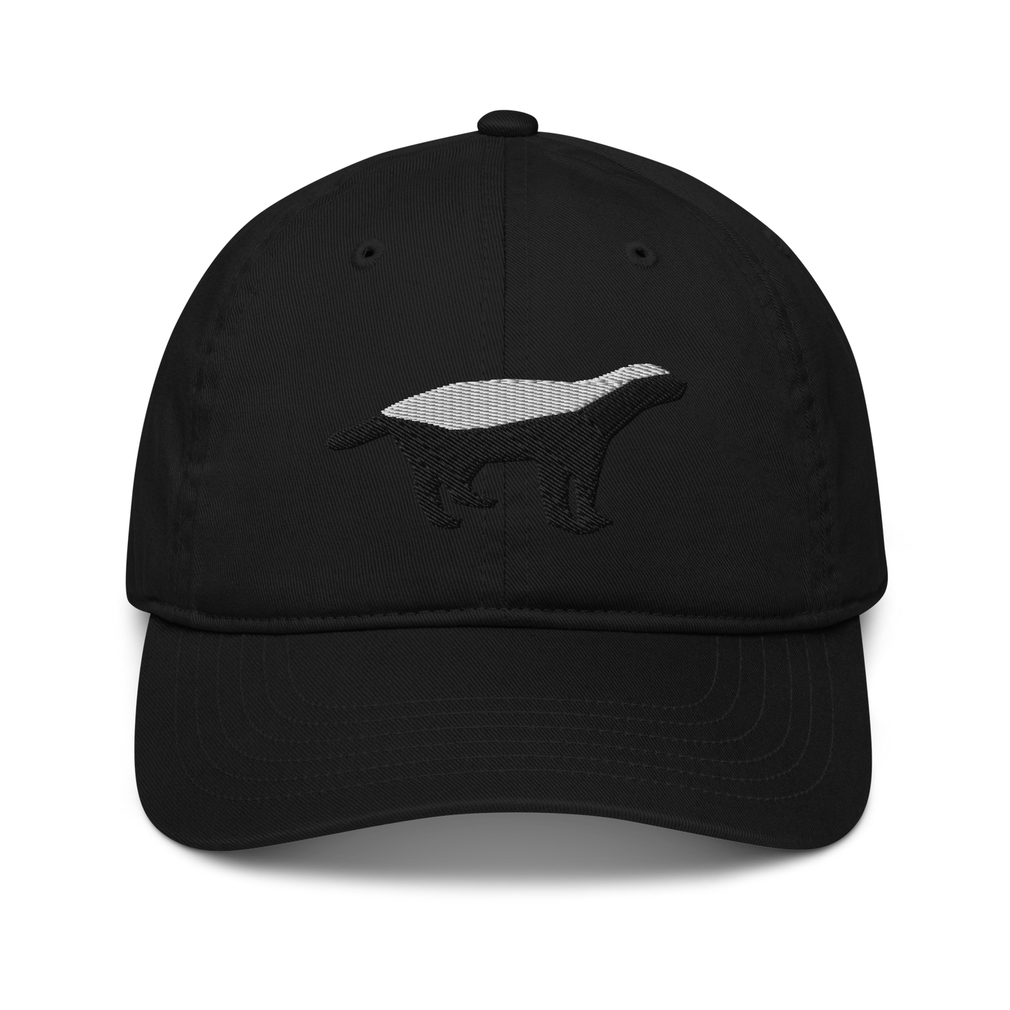 Front view of a black bitcoin dad hat.