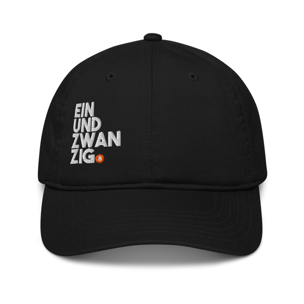 Einundzwanzig organic bitcoin dad hat, front view: a black dad hat with a curved brim, EIN UND ZWAN ZIG embroidered in white across four lines with a small orange bitcoin coin.