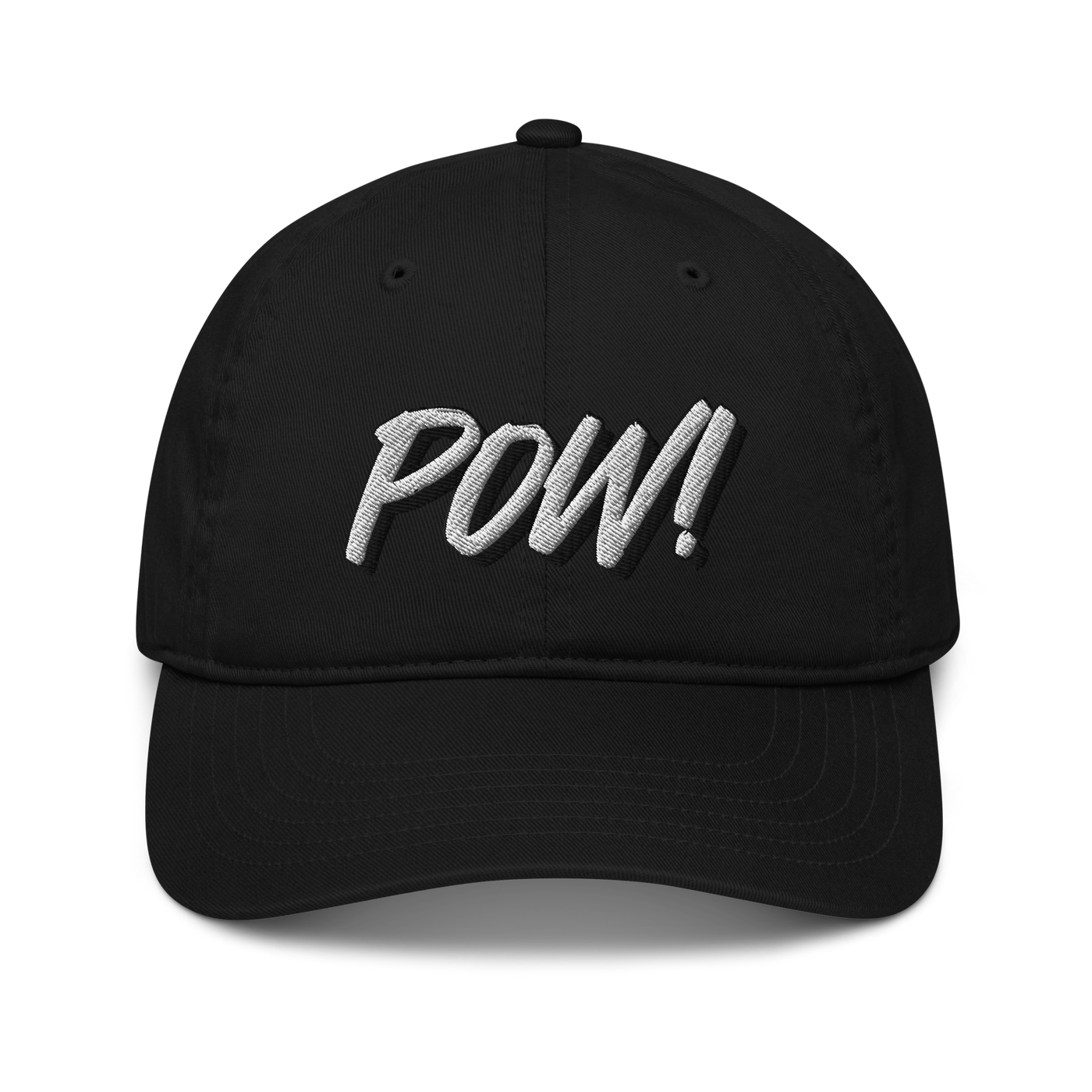 POW! organic bitcoin dad hat, front view: POW! embroidered in white brush lettering with a raised shadow, on a dad hat with a curved brim.