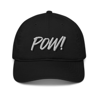 POW! organic bitcoin dad hat, front view: POW! embroidered in white brush lettering with a raised shadow, on a dad hat with a curved brim.