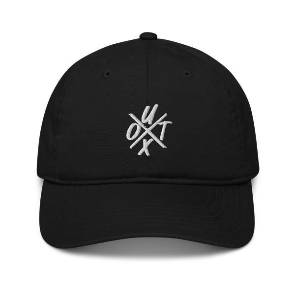 UTXO organic bitcoin dad hat, front view: UTXO embroidered in white, the letters set around a large X, on a dad hat with a curved brim.