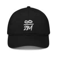 Infinity / 21M organic bitcoin dad hat, front view: an infinity sign over 21M embroidered in white as a fraction, on a dad hat with a curved brim.