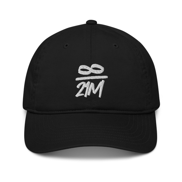 Infinity / 21M organic bitcoin dad hat, front view: an infinity sign over 21M embroidered in white as a fraction, on a dad hat with a curved brim.