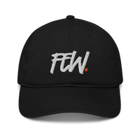 Few. organic bitcoin dad hat, front view: FEW. embroidered in large white brush lettering with a small orange dot, on a dad hat with a curved brim.