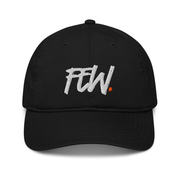 Few. organic bitcoin dad hat, front view: FEW. embroidered in large white brush lettering with a small orange dot, on a dad hat with a curved brim.
