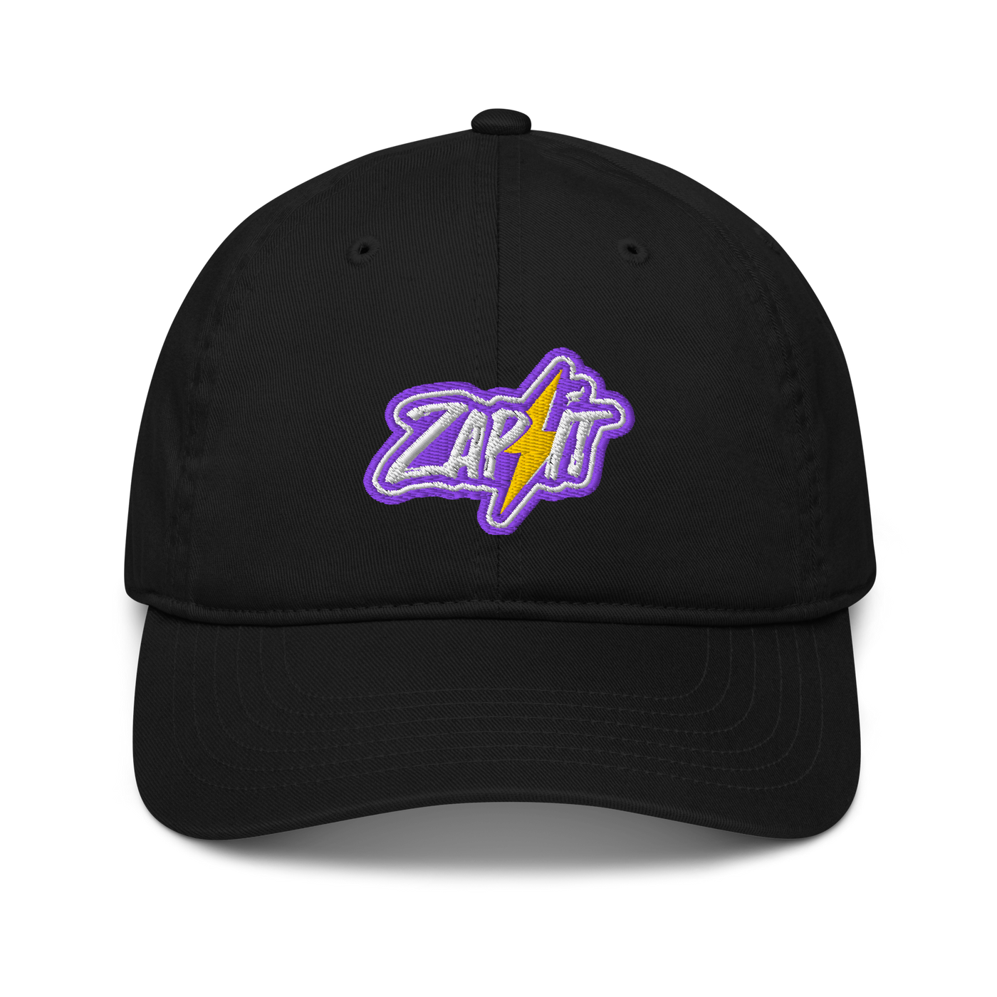 Zap It organic nostr dad hat, front view: an embroidered patch with a purple border reading Zap it, split by a yellow lightning bolt, on a dad hat with a curved brim.