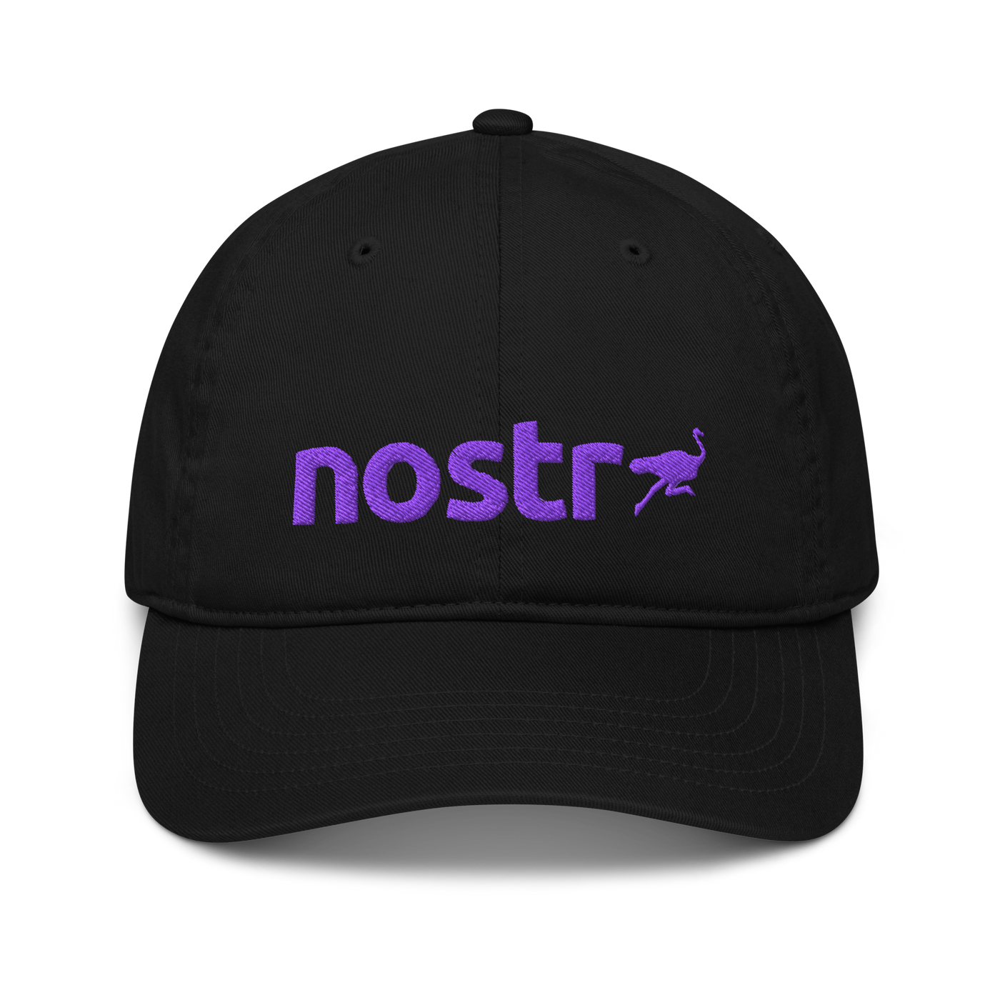 Nostr organic nostr dad hat, front view: the lowercase nostr wordmark embroidered in purple with a small running ostrich, on a dad hat with a curved brim.
