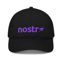 Nostr organic nostr dad hat, front view: the lowercase nostr wordmark embroidered in purple with a small running ostrich, on a dad hat with a curved brim.