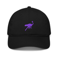 Nostrich organic bitcoin dad hat, front view: a purple running ostrich silhouette embroidered on the front, on a dad hat with a curved brim.